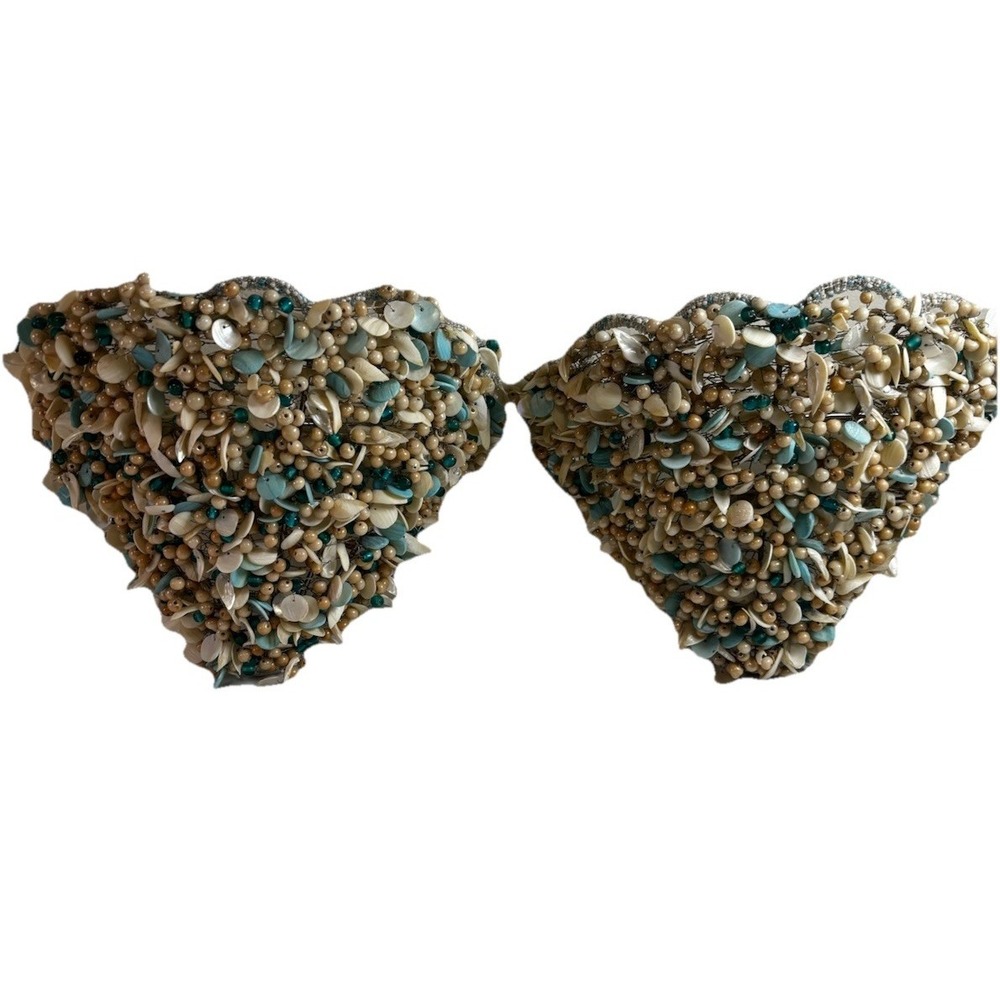 Beaded & Shells‎ Wall Sconces 9"H 11"W Pair Votives Blue/Silver/Tan Beach Ocean
